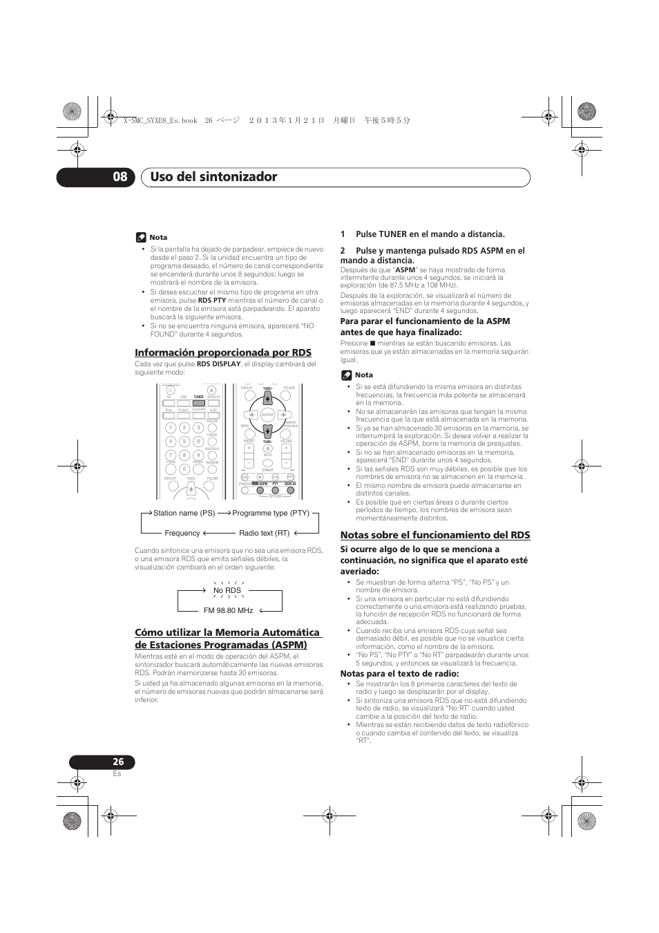 Información proporcionada por rds, Cómo utilizar la memoria automática de estaciones, Programadas (aspm) | Notas sobre el funcionamiento del rds, Uso del sintonizador 08, Notas para el texto de radio | Pioneer X-SMC00 User Manual | Page 206 / 256