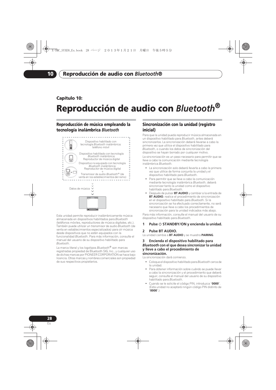10 reproducción de audio con bluetooth, Reproducción de música empleando la tecnología, Inalámbrica bluetooth | Sincronización con la unidad (registro inicial), Reproducción de audio con bluetooth, Capítulo 10 | Pioneer X-SMC00 User Manual | Page 208 / 256