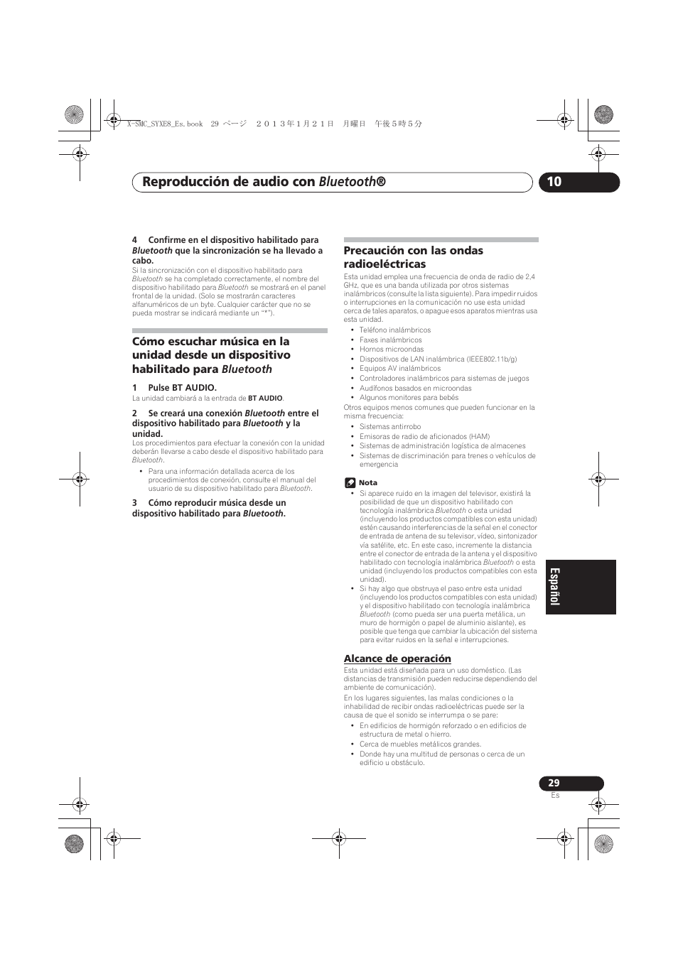 Cómo escuchar música en la unidad desde un, Dispositivo habilitado para bluetooth, Precaución con las ondas radioeléctricas | Alcance de operación, Reproducción de audio con bluetooth | Pioneer X-SMC00 User Manual | Page 209 / 256