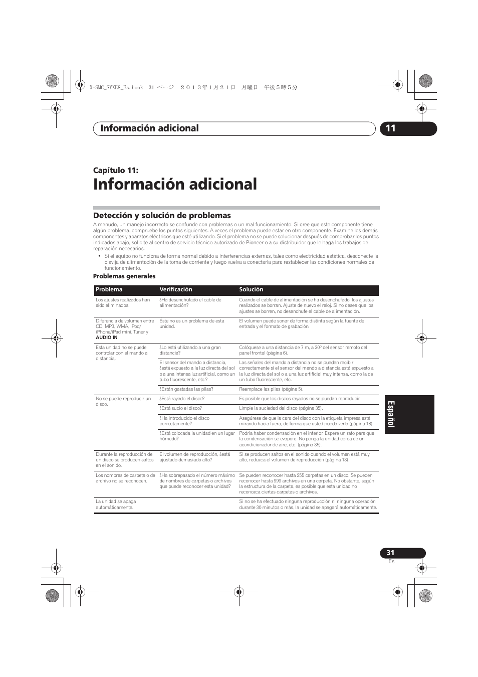 11 información adicional, Detección y solución de problemas, Información adicional | Información adicional 11, Capítulo 11 | Pioneer X-SMC00 User Manual | Page 211 / 256