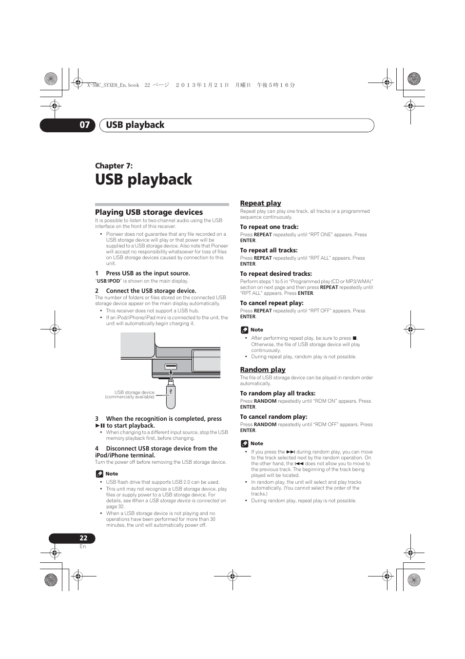 07 usb playback, Playing usb storage devices, Repeat play | Random play, Usb playback, Usb playback 07, Chapter 7 | Pioneer X-SMC00 User Manual | Page 22 / 256
