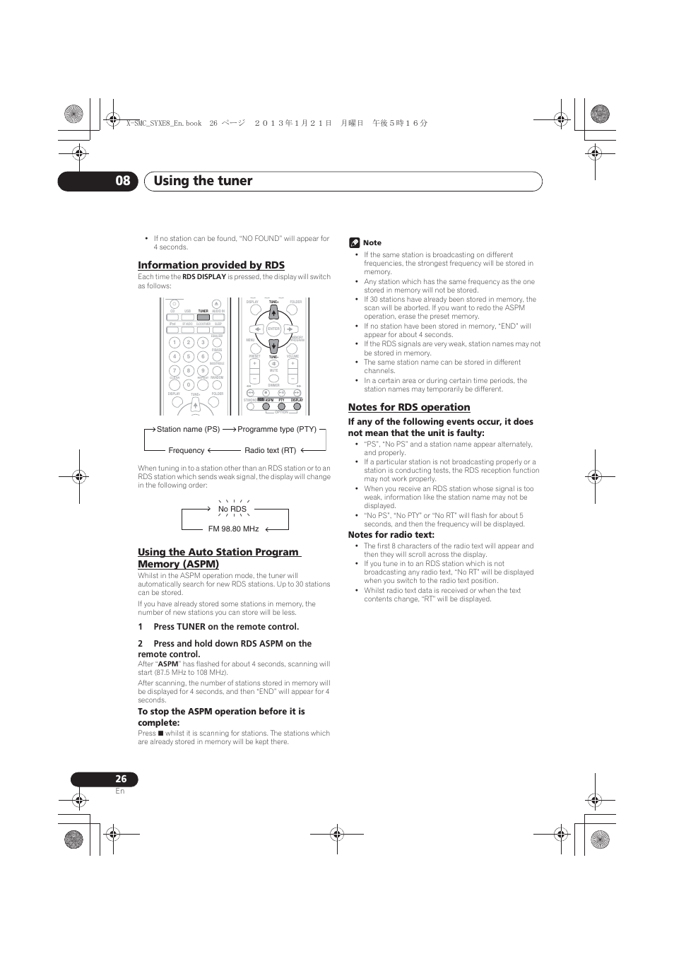 Information provided by rds, Using the auto station program memory (aspm), Notes for rds operation | Using the tuner 08 | Pioneer X-SMC00 User Manual | Page 26 / 256