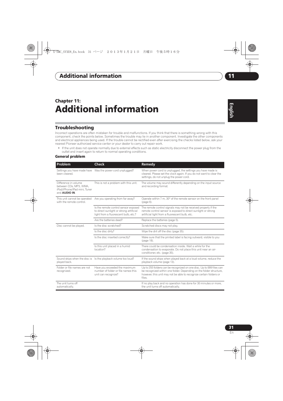 11 additional information, Troubleshooting, Additional information | Additional information 11, English français español, Chapter 11 | Pioneer X-SMC00 User Manual | Page 31 / 256