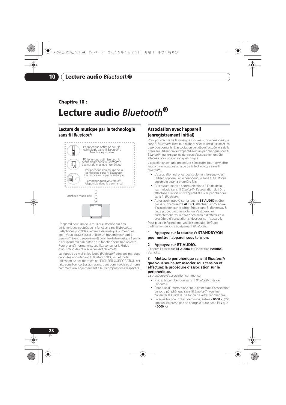 10 lecture audio bluetooth, Lecture de musique par la technologie sans fil, Bluetooth | Association avec l’appareil, Enregistrement initial), Lecture audio bluetooth, Chapitre 10 | Pioneer X-SMC00 User Manual | Page 64 / 256