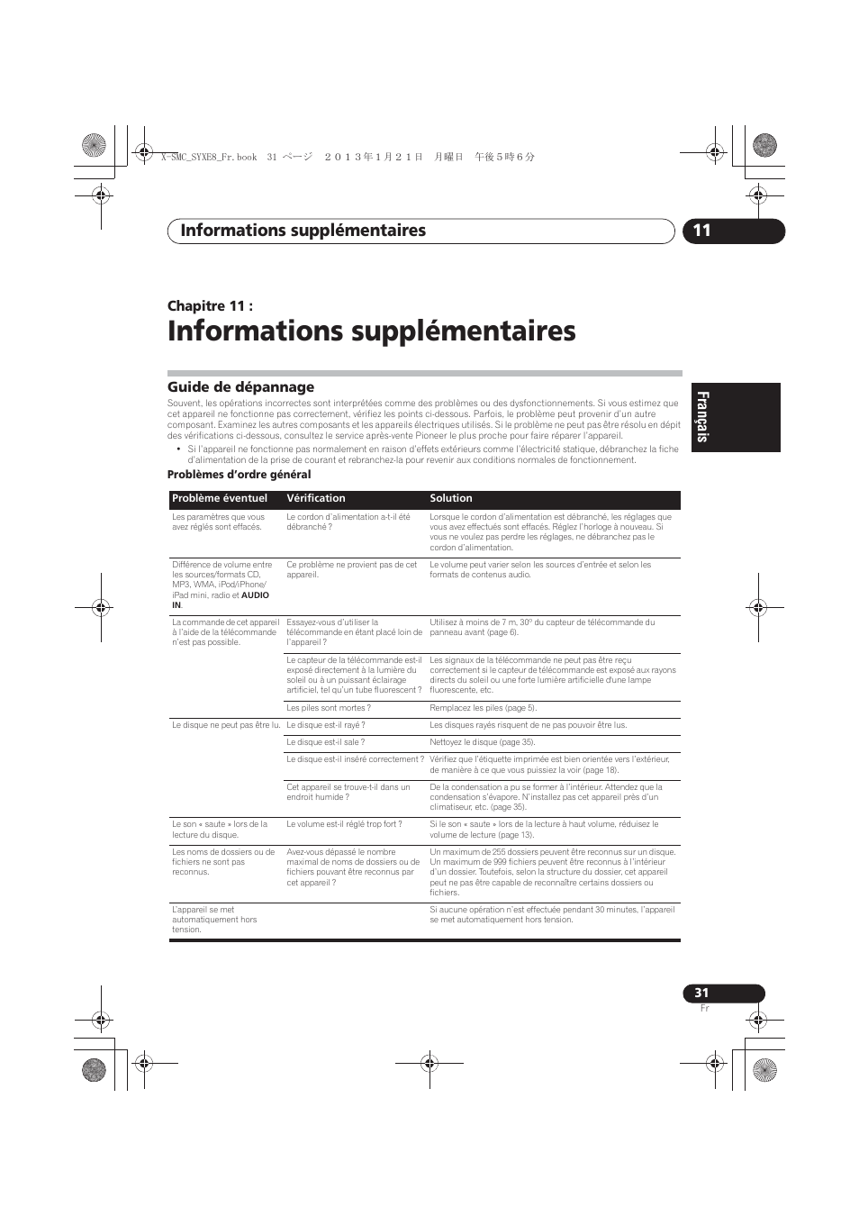 11 informations supplémentaires, Guide de dépannage, Informations supplémentaires | Informations supplémentaires 11, Chapitre 11 | Pioneer X-SMC00 User Manual | Page 67 / 256