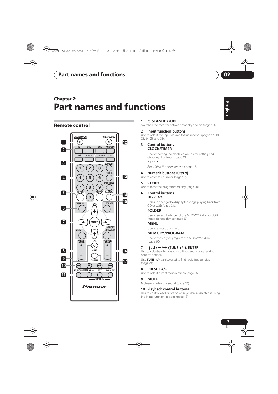 02 part names and functions, Remote control, Part names and functions | Part names and functions 02, English français español, Chapter 2 | Pioneer X-SMC00 User Manual | Page 7 / 256