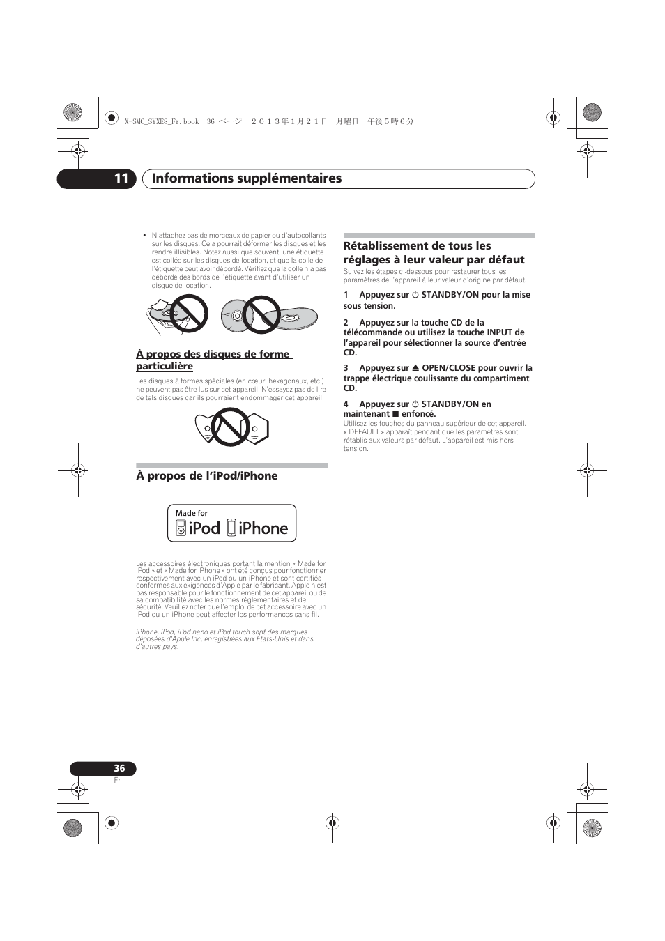 À propos des disques de forme particulière, À propos de l’ipod/iphone, Défaut | Informations supplémentaires 11 | Pioneer X-SMC00 User Manual | Page 72 / 256