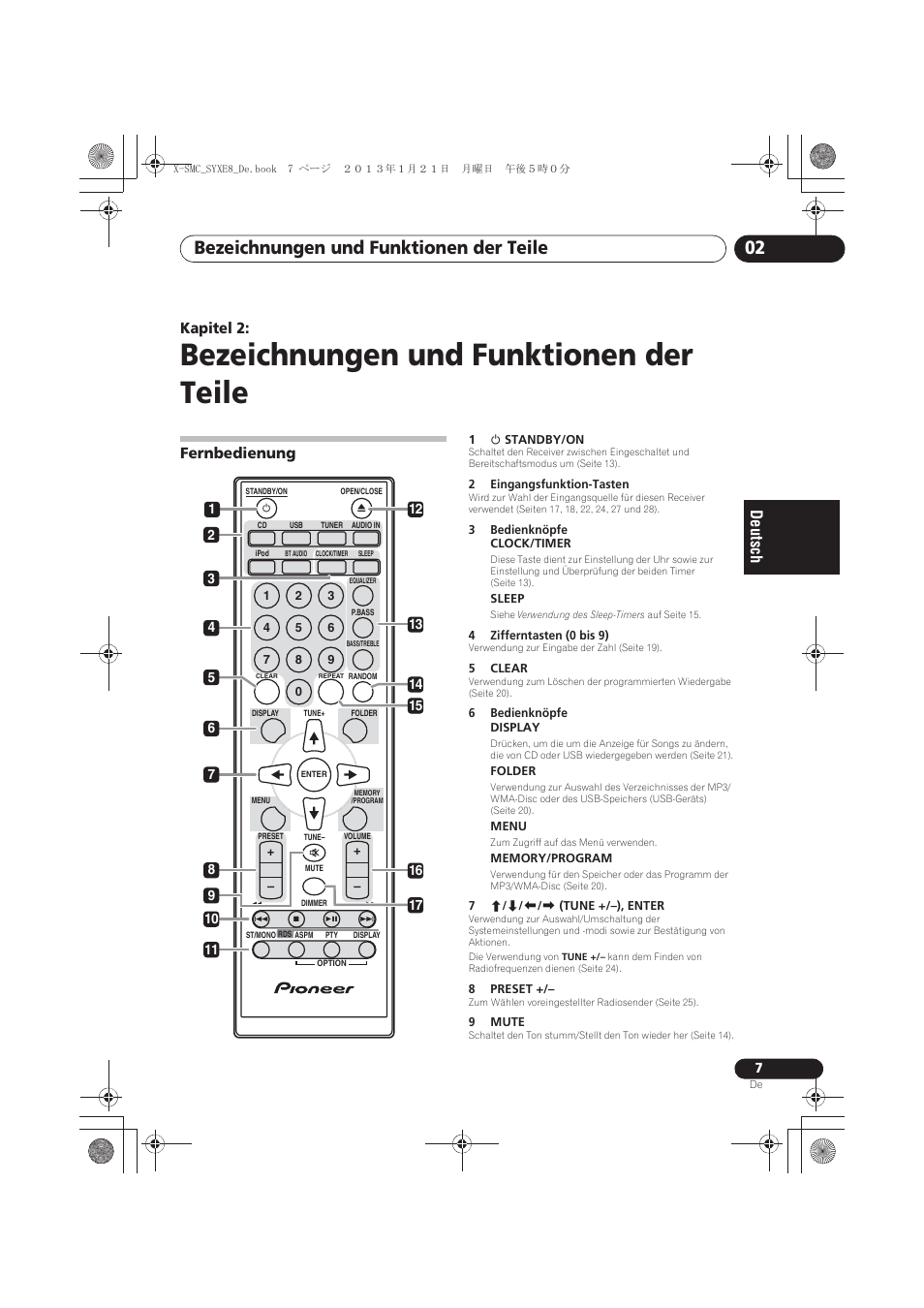 02 bezeichnungen und funktionen der, Teile, Fernbedienung | Bezeichnungen und funktionen der teile, Bezeichnungen und funktionen der teile 02, Kapitel 2 | Pioneer X-SMC00 User Manual | Page 79 / 256