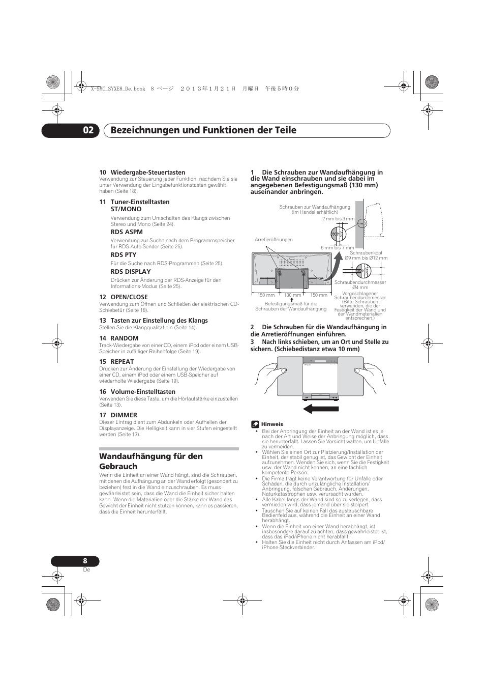 Wandaufhängung für den gebrauch, Bezeichnungen und funktionen der teile 02 | Pioneer X-SMC00 User Manual | Page 80 / 256