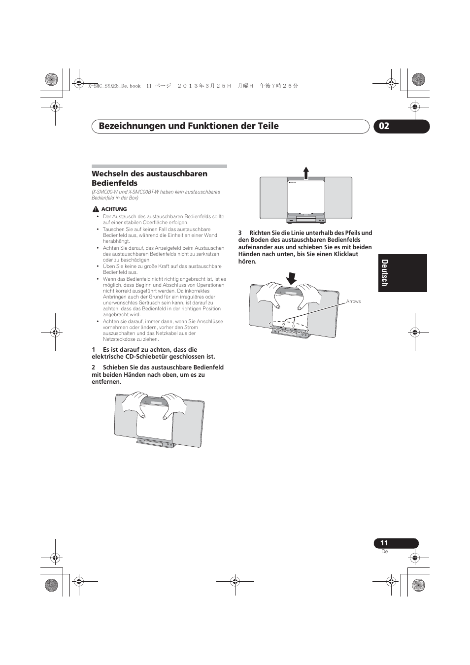 Wechseln des austauschbaren bedienfelds, Bezeichnungen und funktionen der teile 02 | Pioneer X-SMC00 User Manual | Page 83 / 256