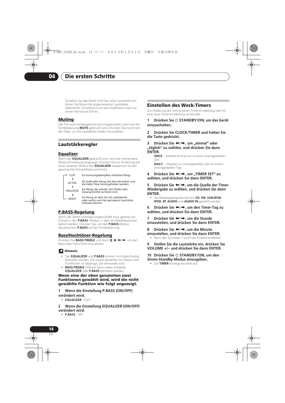 Muting, Lautstärkeregler, Equalizer | P.bass-regelung, Bass/hochtöner-regelung, Einstellen des weck-timers, Die ersten schritte 04 | Pioneer X-SMC00 User Manual | Page 86 / 256