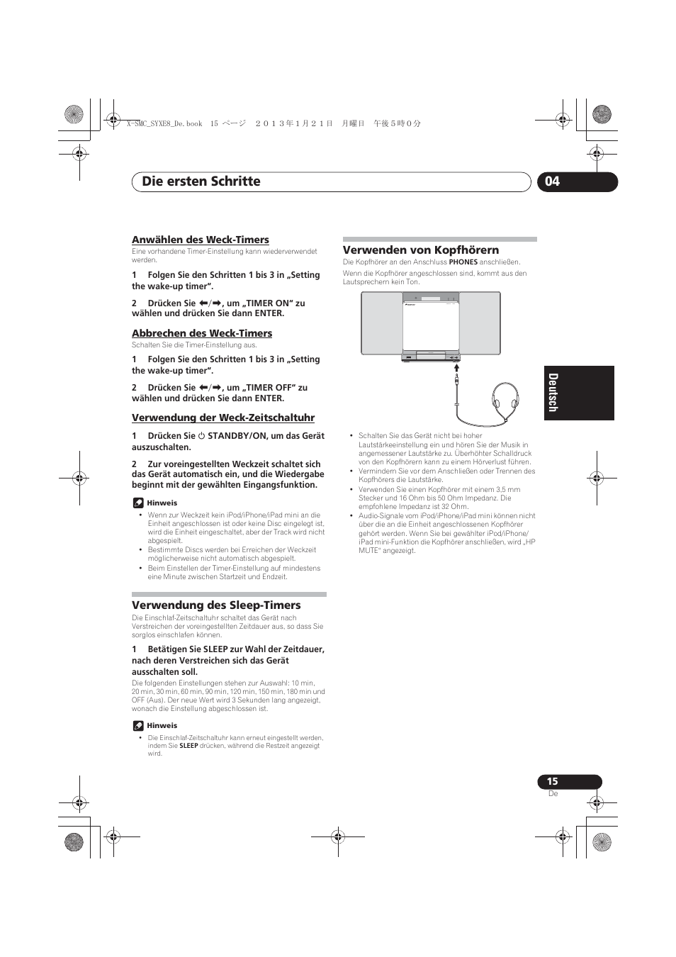 Anwählen des weck-timers, Abbrechen des weck-timers, Verwendung der weck-zeitschaltuhr | Verwendung des sleep-timers, Verwenden von kopfhörern, Die ersten schritte 04 | Pioneer X-SMC00 User Manual | Page 87 / 256