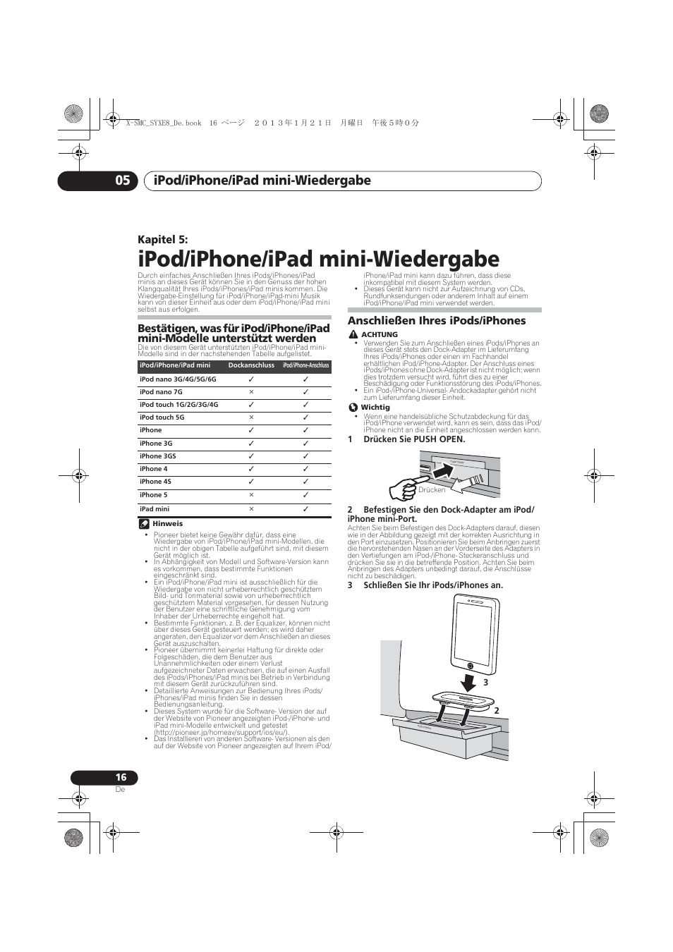 05 ipod/iphone/ipad mini-wiedergabe, Bestätigen, was für ipod/iphone/ipad mini-modelle, Unterstützt werden | Anschließen ihres ipods/iphones, Ipod/iphone/ipad mini-wiedergabe, Ipod/iphone/ipad mini-wiedergabe 05, Kapitel 5 | Pioneer X-SMC00 User Manual | Page 88 / 256