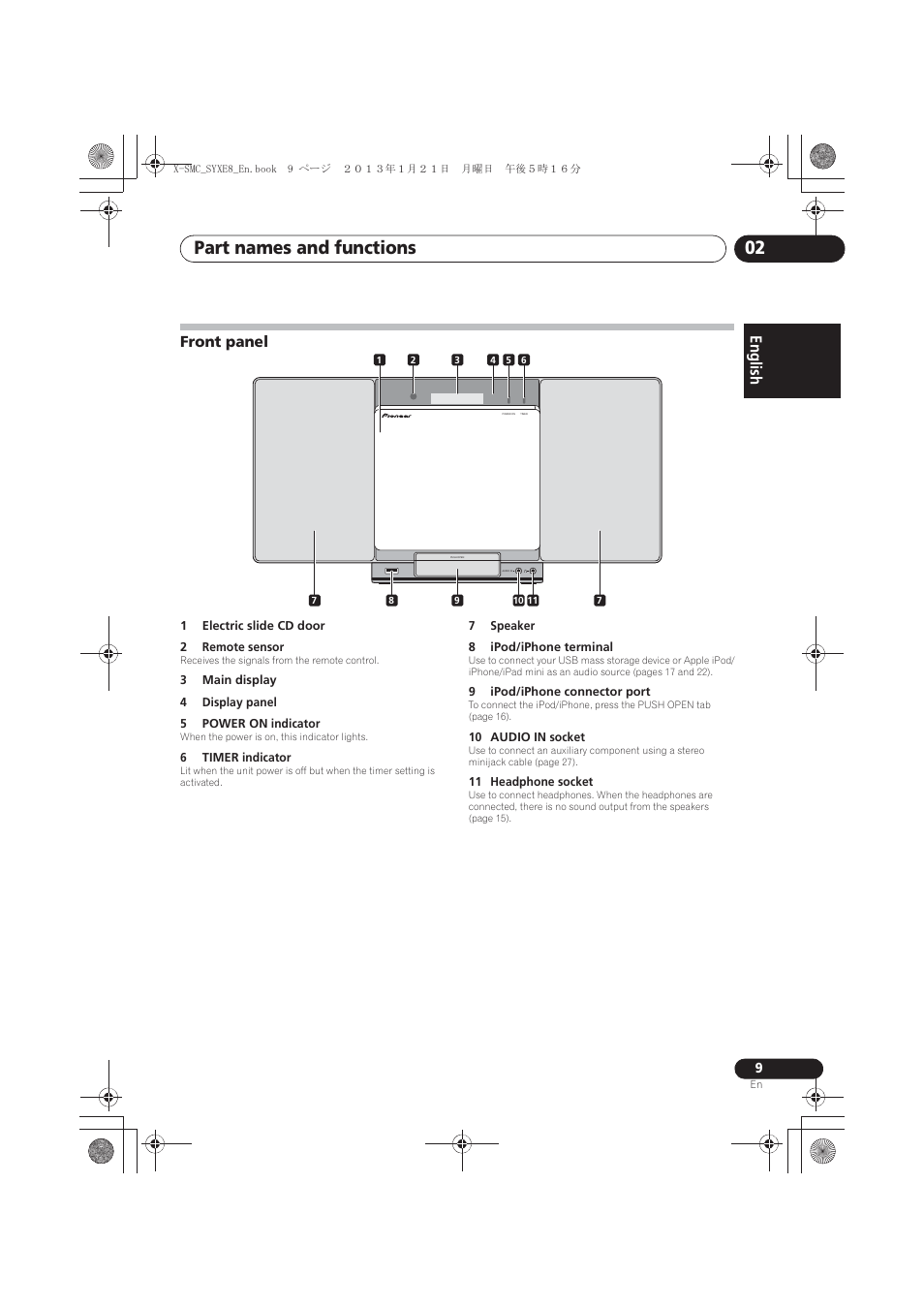 Front panel, Part names and functions 02, English français español | Pioneer X-SMC00 User Manual | Page 9 / 256