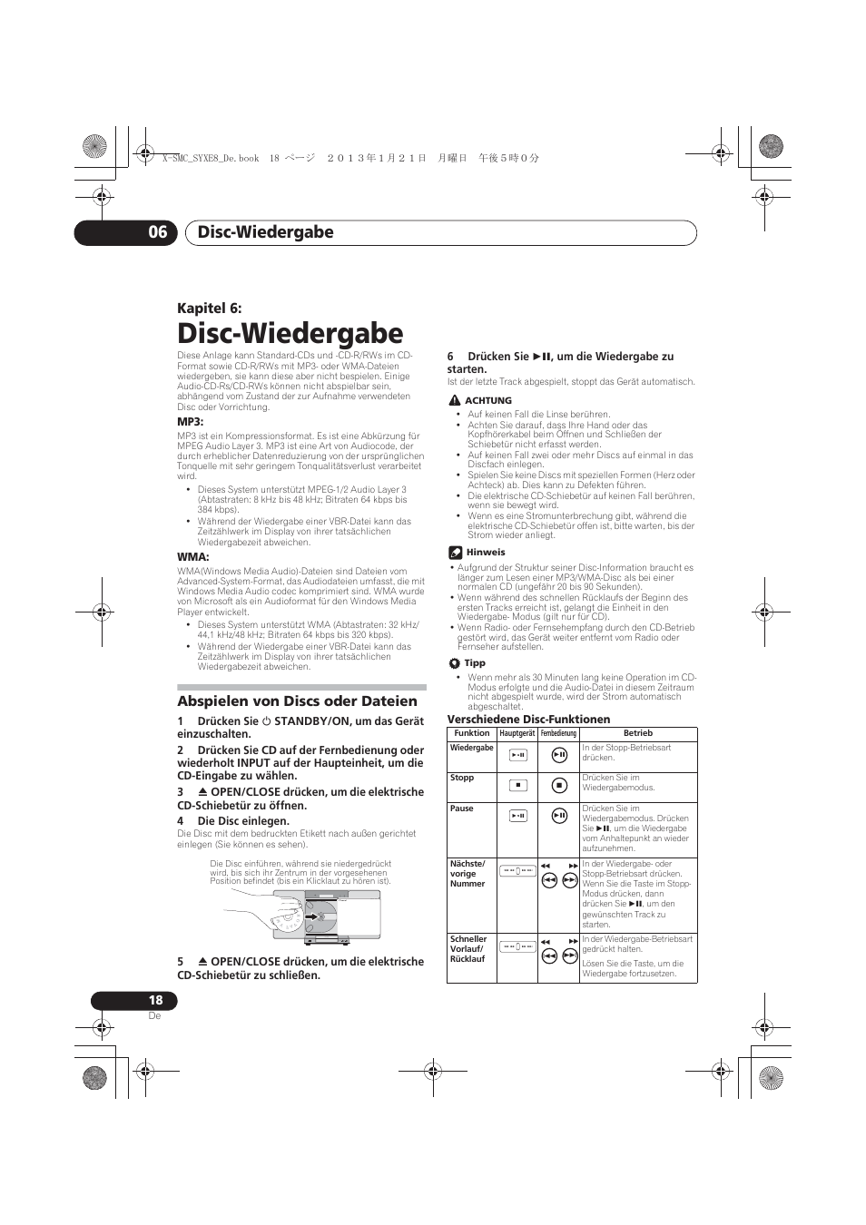 06 disc-wiedergabe, Abspielen von discs oder dateien, Disc-wiedergabe | Disc-wiedergabe 06, Kapitel 6, Audio in push open power on timer | Pioneer X-SMC00 User Manual | Page 90 / 256