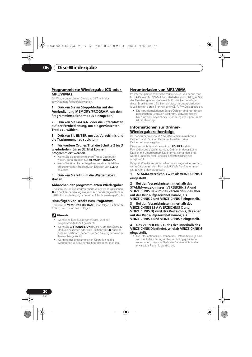 Programmierte wiedergabe (cd oder mp3/wma), Herunterladen von mp3/wma, Informationen zur ordner-wiedergabereihenfolge | Disc-wiedergabe 06 | Pioneer X-SMC00 User Manual | Page 92 / 256