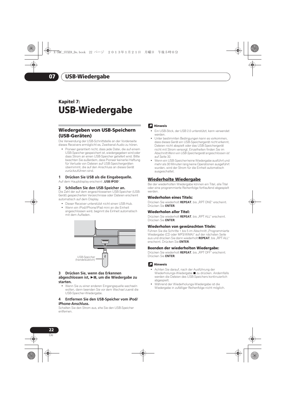 07 usb-wiedergabe, Wiedergeben von usb-speichern (usb-geräten), Wiederholte wiedergabe | Usb-wiedergabe, Usb-wiedergabe 07, Kapitel 7 | Pioneer X-SMC00 User Manual | Page 94 / 256