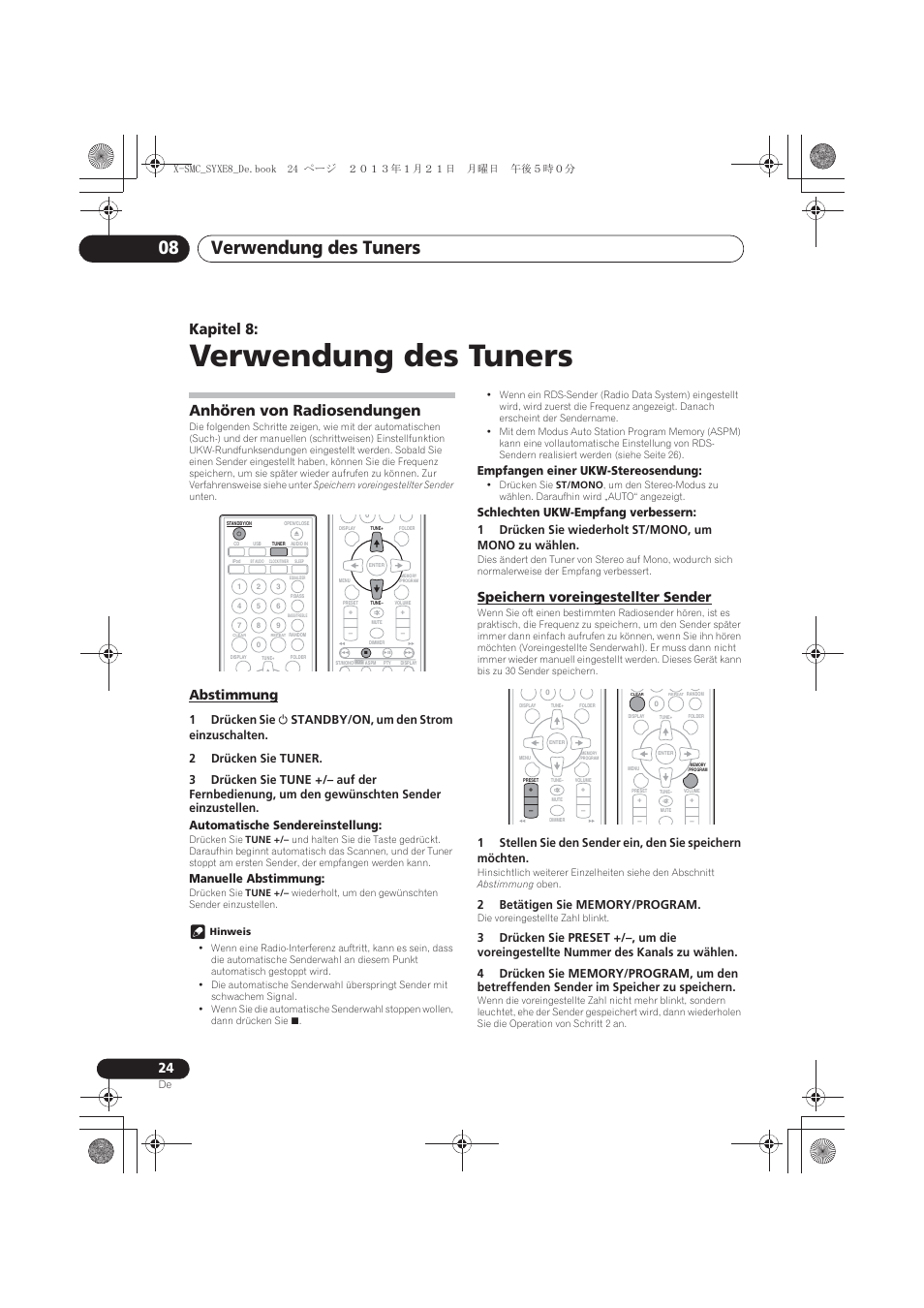 08 verwendung des tuners, Anhören von radiosendungen, Abstimmung | Speichern voreingestellter sender, Verwendung des tuners, Verwendung des tuners 08, Kapitel 8, Manuelle abstimmung, Empfangen einer ukw-stereosendung | Pioneer X-SMC00 User Manual | Page 96 / 256