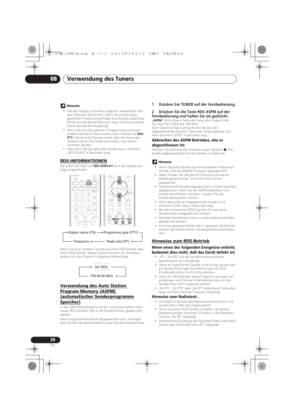 Rds-informationen, Verwendung des auto station program memory (aspm), Automatischer senderprogramm-speicher) | Hinweise zum rds-betrieb, Verwendung des tuners 08, Hinweise zum radiotext | Pioneer X-SMC00 User Manual | Page 98 / 256