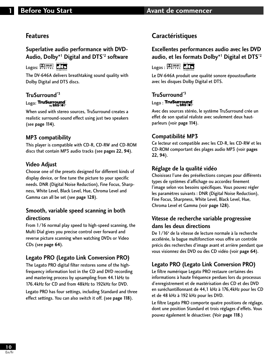 Features, Caractéristiques | Pioneer DV-646A User Manual | Page 10 / 180