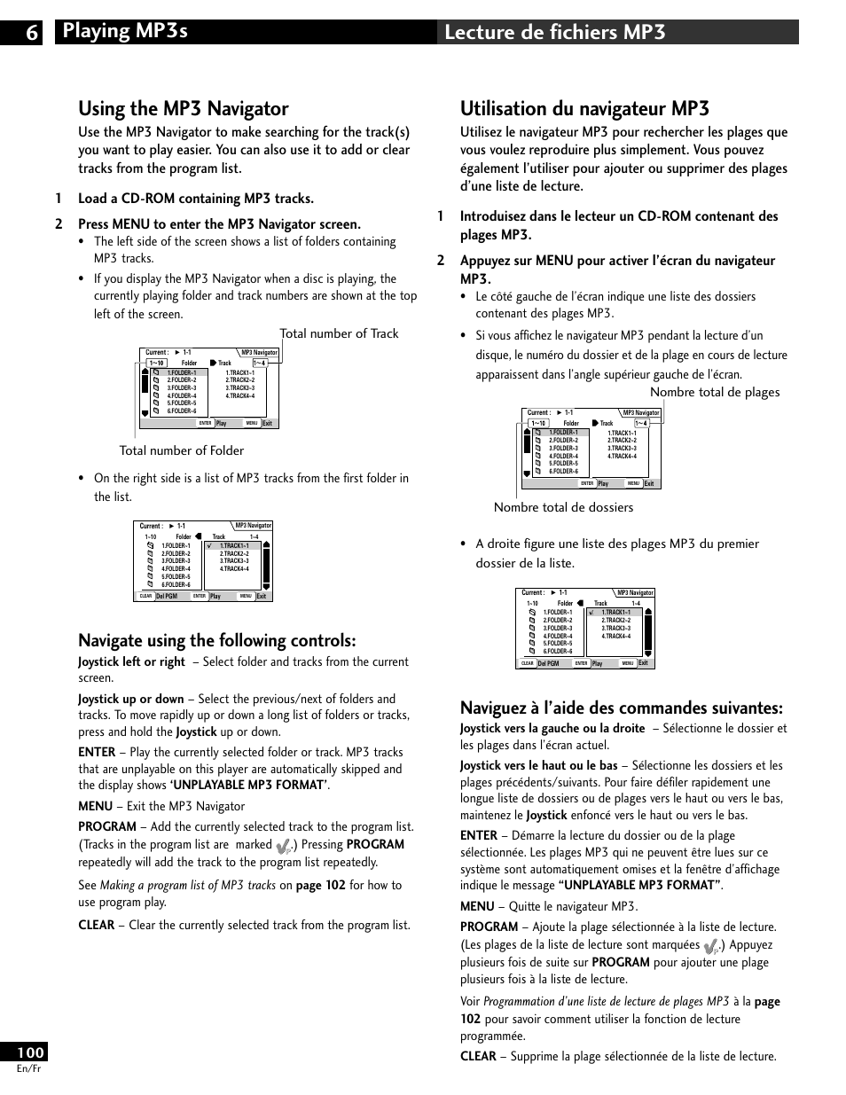 Using the mp3 navigator, Utilisation du navigateur mp3, Naviguez à l’aide des commandes suivantes | Navigate using the following controls | Pioneer DV-646A User Manual | Page 100 / 180