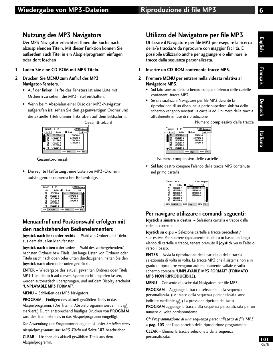 Nutzung des mp3 navigators, Utilizzo del navigatore per file mp3, Per navigare utilizzare i comandi seguenti | English fr ançais deut sch it aliano | Pioneer DV-646A User Manual | Page 101 / 180