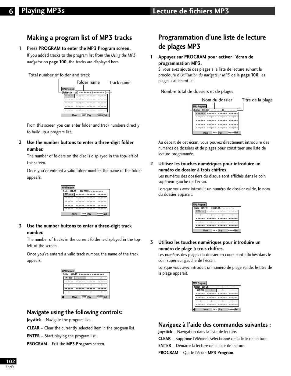 Making a program list of mp3 tracks, Programmation d’une liste de lecture de plages mp3, Naviguez à l’aide des commandes suivantes | Navigate using the following controls, 1press program to enter the mp3 program screen | Pioneer DV-646A User Manual | Page 102 / 180