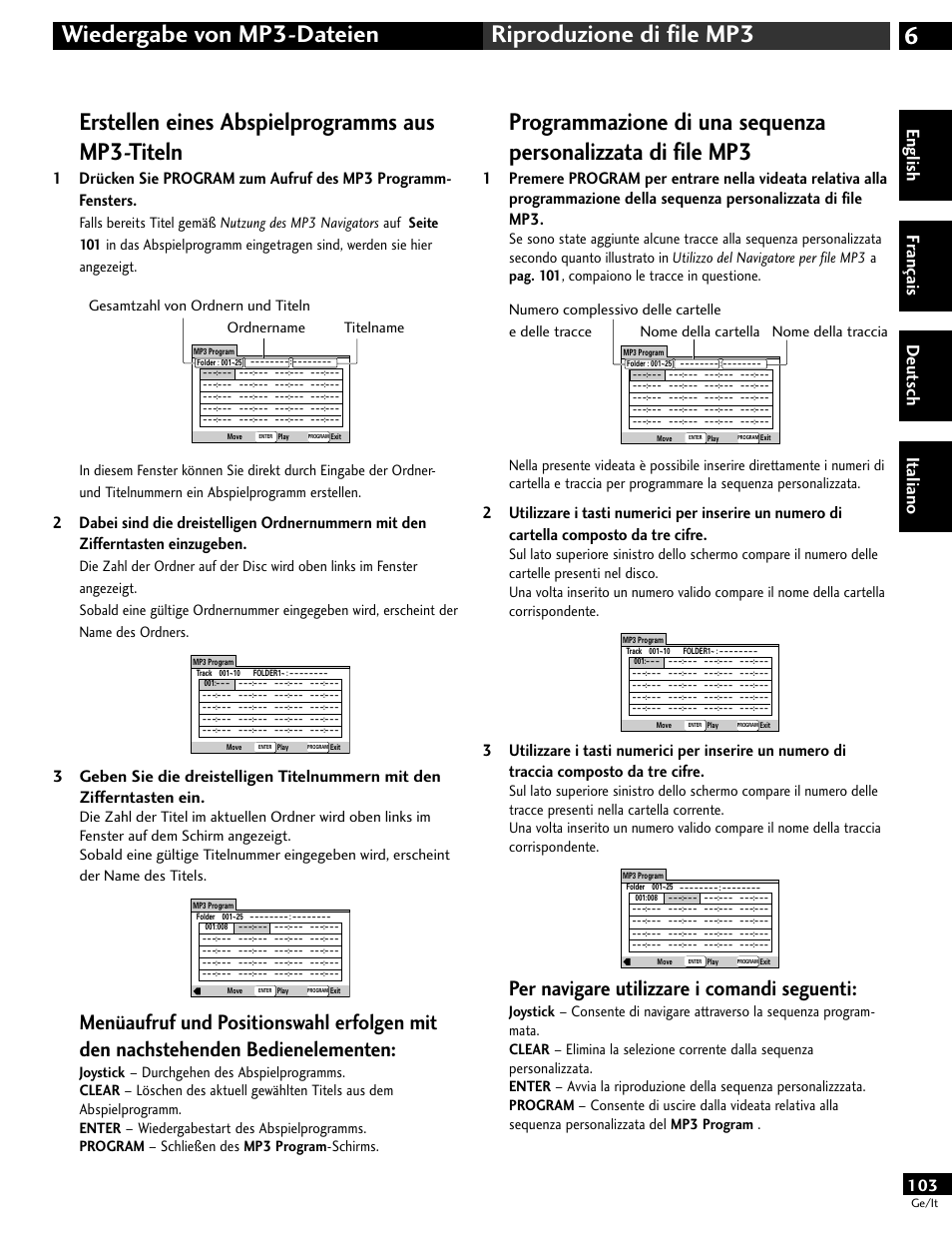 Erstellen eines abspielprogramms aus mp3-titeln, Per navigare utilizzare i comandi seguenti, English fr ançais deut sch it aliano | Pioneer DV-646A User Manual | Page 103 / 180