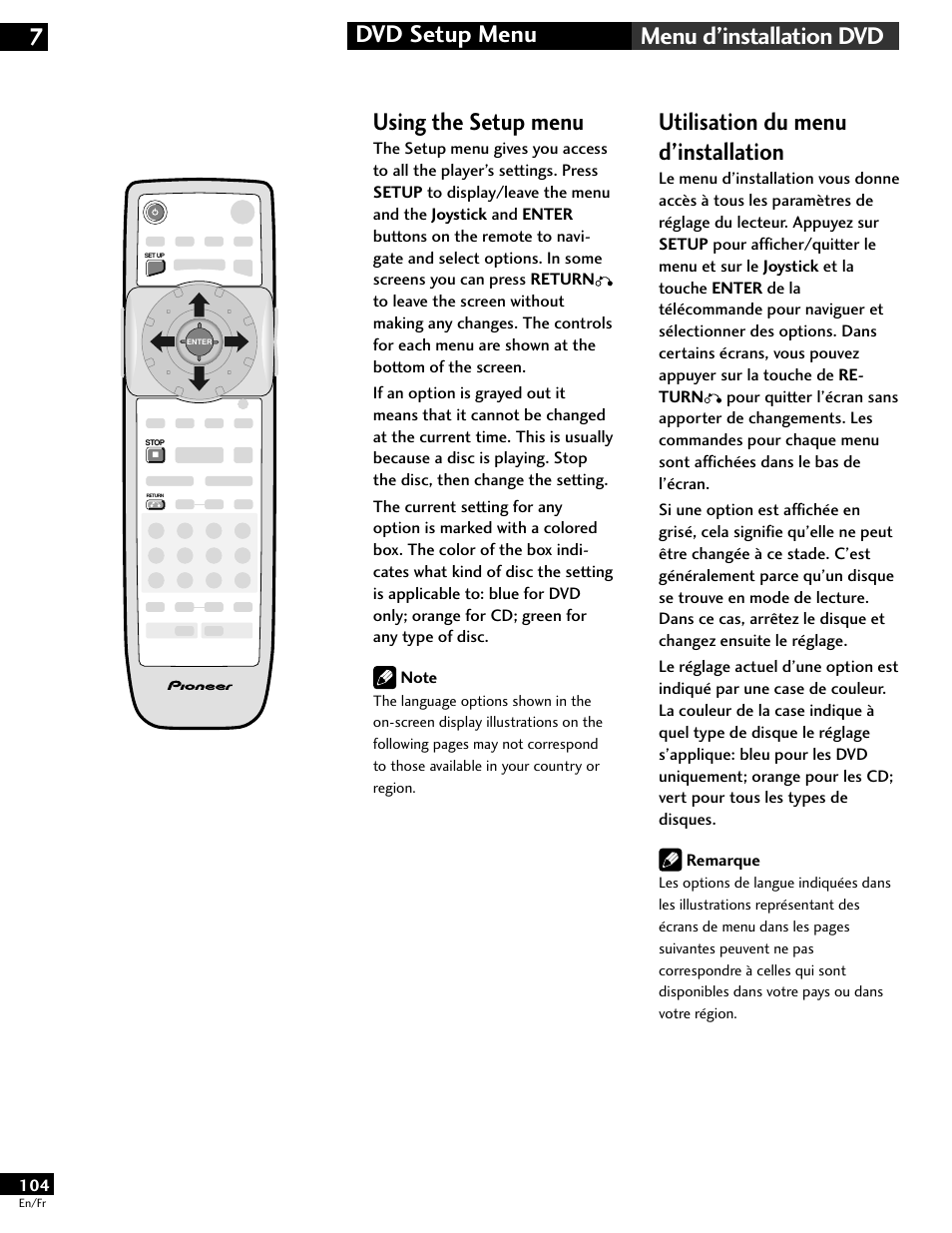 Using the setup menu, Utilisation du menu d’installation | Pioneer DV-646A User Manual | Page 104 / 180