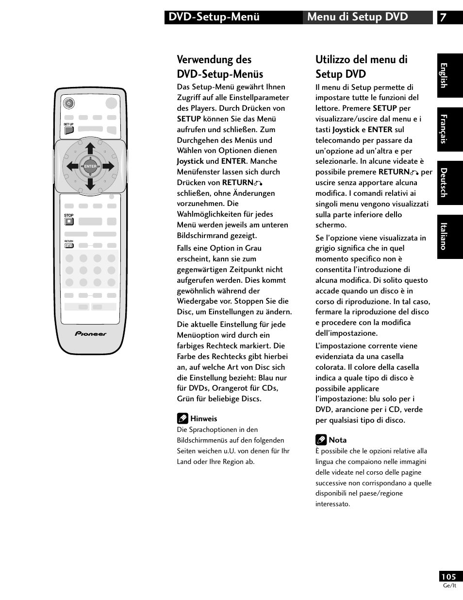 Verwendung des dvd-setup-menüs, Utilizzo del menu di setup dvd, 7dvd-setup-menü menu di setup dvd | Pioneer DV-646A User Manual | Page 105 / 180