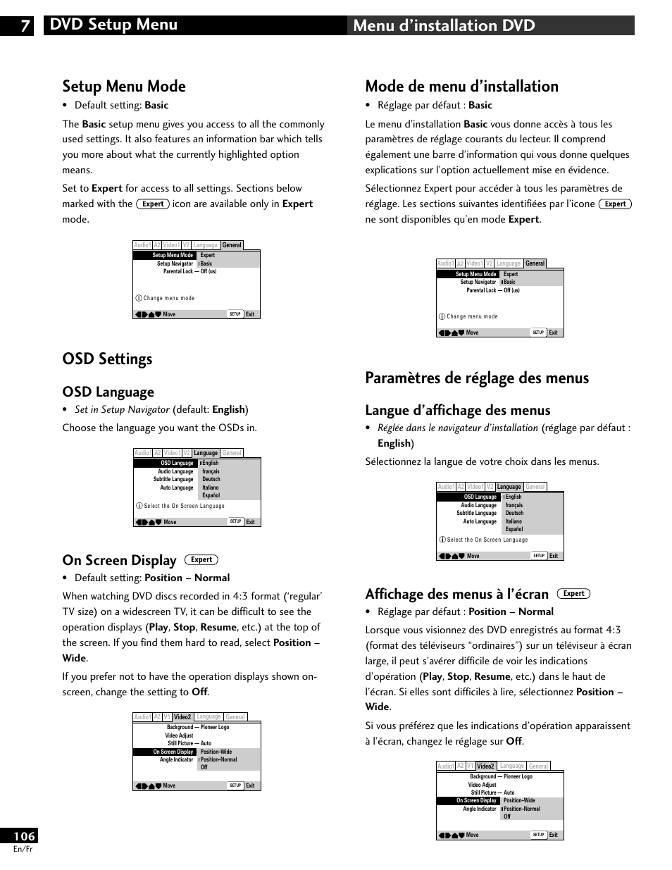 Setup menu mode, Osd settings, Mode de menu d’installation | Paramètres de réglage des menus, Langue d’affichage des menus, Affichage des menus à l’écran, Osd language, On screen display | Pioneer DV-646A User Manual | Page 106 / 180