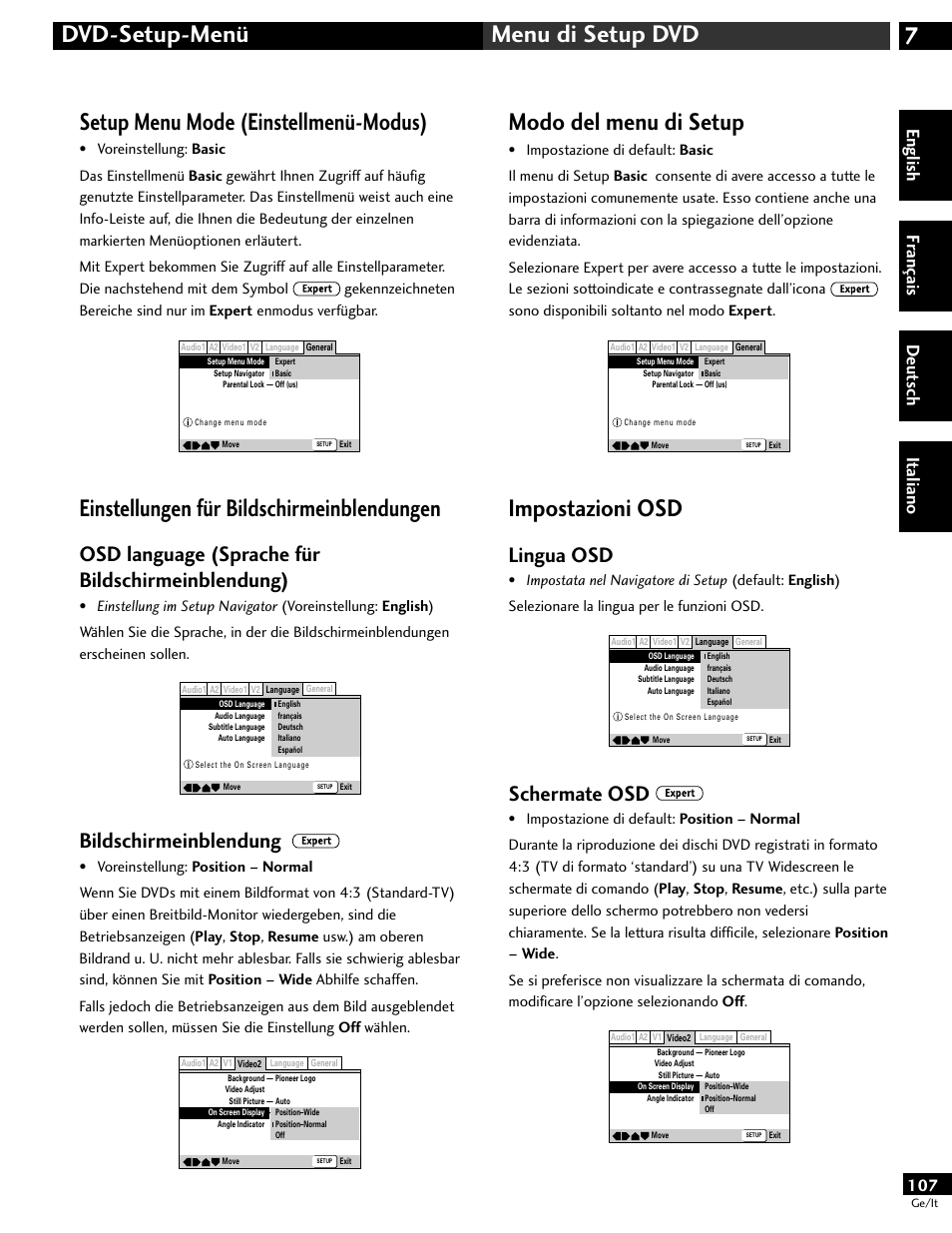 Setup menu mode (einstellmenü-modus), Einstellungen für bildschirmeinblendungen, Mode del menu di setup | Impostazioni osd, 7dvd-setup-menü menu di setup dvd, Modo del menu di setup, Osd language (sprache für bildschirmeinblendung), Bildschirmeinblendung, Lingua osd, Schermate osd | Pioneer DV-646A User Manual | Page 107 / 180