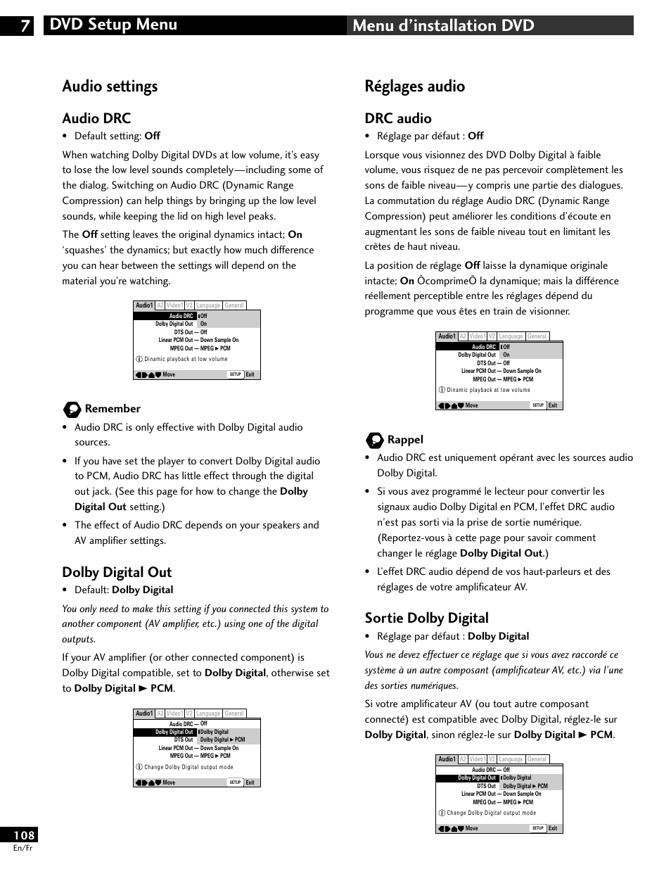 Audio settings, Réglages audio, Drc audio | Sortie dolby digital, Audio drc, Dolby digital out, Rappel, Remember | Pioneer DV-646A User Manual | Page 108 / 180