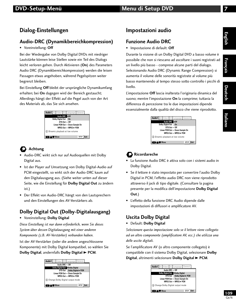 Dialog-einstellungen, Impostazioni audio, 7dvd-setup-menü menu di setup dvd | Audio-drc (dynamikbereichkompression), Dolby digital out (dolby-digitalausgang), Funzione audio drc, Uscita dolby digital, English fr ançais deut sch it aliano, Achtung, Ricordareche | Pioneer DV-646A User Manual | Page 109 / 180