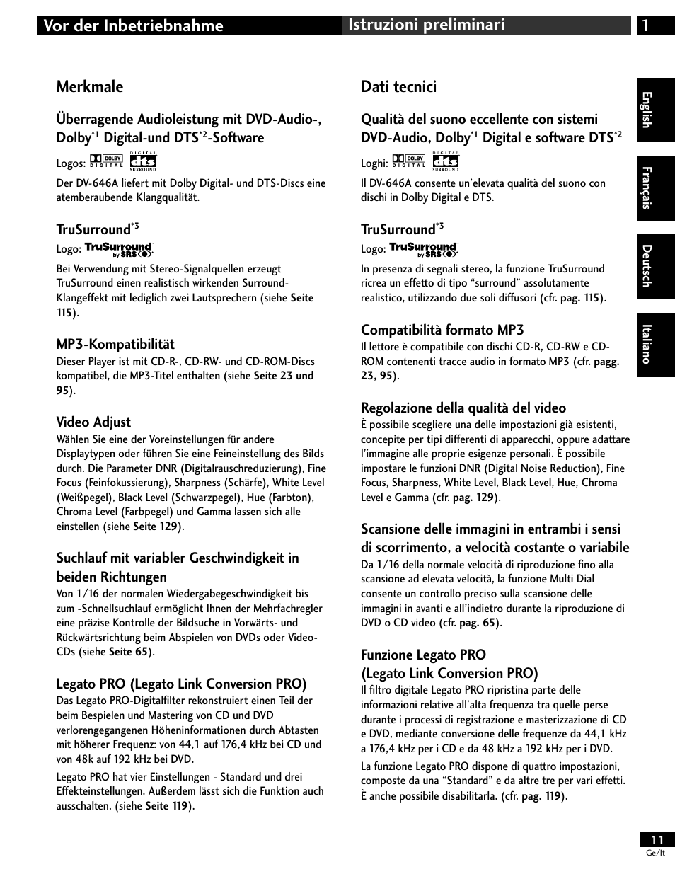 Merkmale, Dati tecnici, 1vor der inbetriebnahme istruzioni preliminari | Pioneer DV-646A User Manual | Page 11 / 180