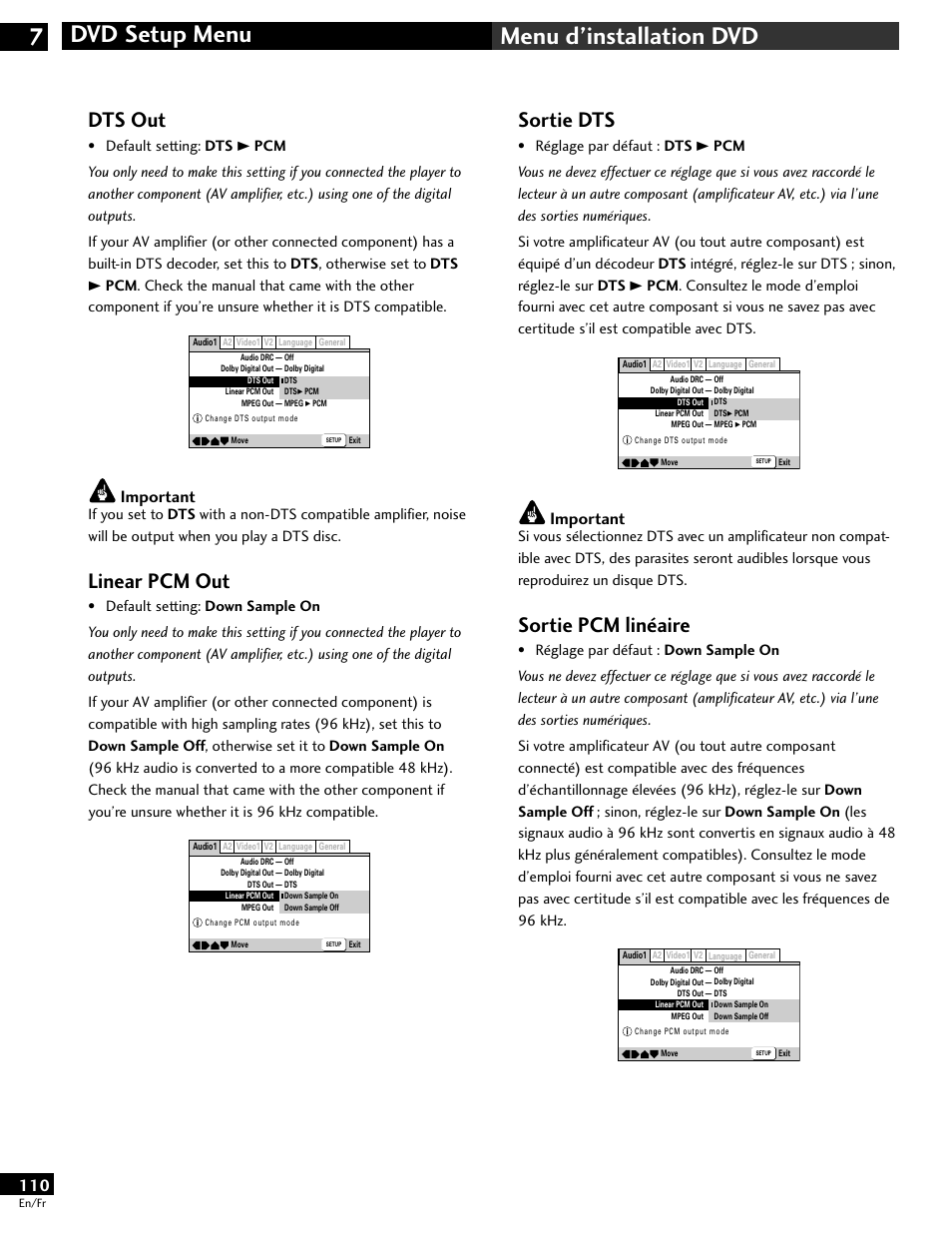 Dvd setup menu 7 menu d’installation dvd, Sortie dts, Sortie pcm linéaire | Dts out, Linear pcm out, Important | Pioneer DV-646A User Manual | Page 110 / 180