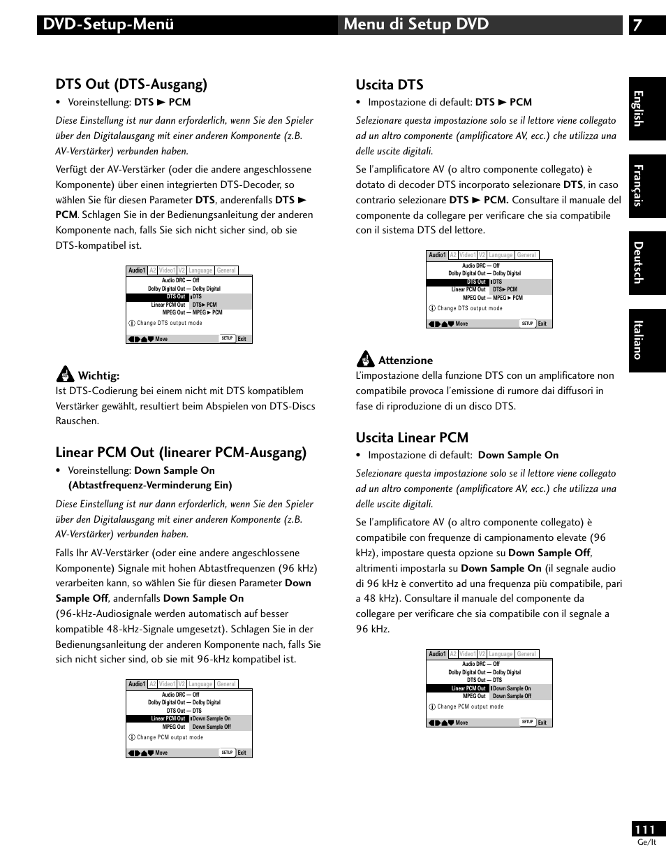 7dvd-setup-menü menu di setup dvd, Dts out (dts-ausgang), Linear pcm out (linearer pcm-ausgang) | Uscita dts, Uscita linear pcm, English fr ançais deut sch it aliano, Wichtig, Attenzione | Pioneer DV-646A User Manual | Page 111 / 180