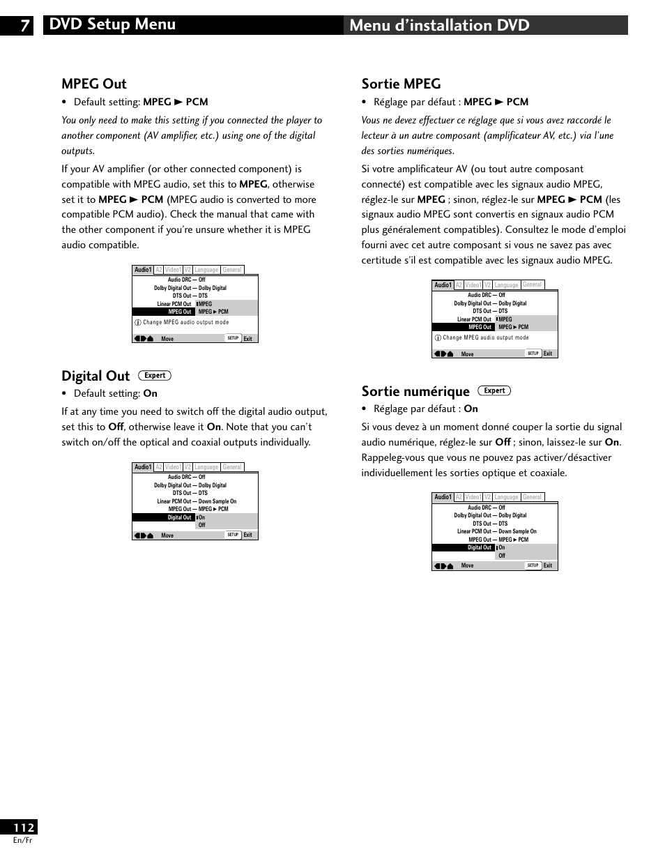 Dvd setup menu 7 menu d’installation dvd, Sortie mpeg, Sortie numérique | Mpeg out, Digital out | Pioneer DV-646A User Manual | Page 112 / 180