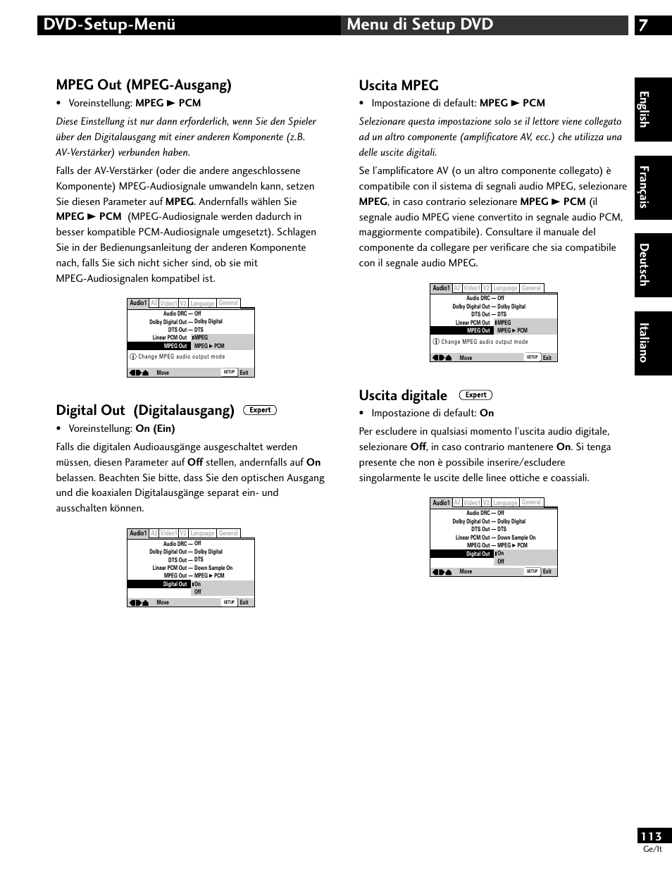 7dvd-setup-menü menu di setup dvd, Mpeg out (mpeg-ausgang), Digital out (digitalausgang) | Uscita mpeg, Uscita digitale, English fr ançais deut sch it aliano | Pioneer DV-646A User Manual | Page 113 / 180