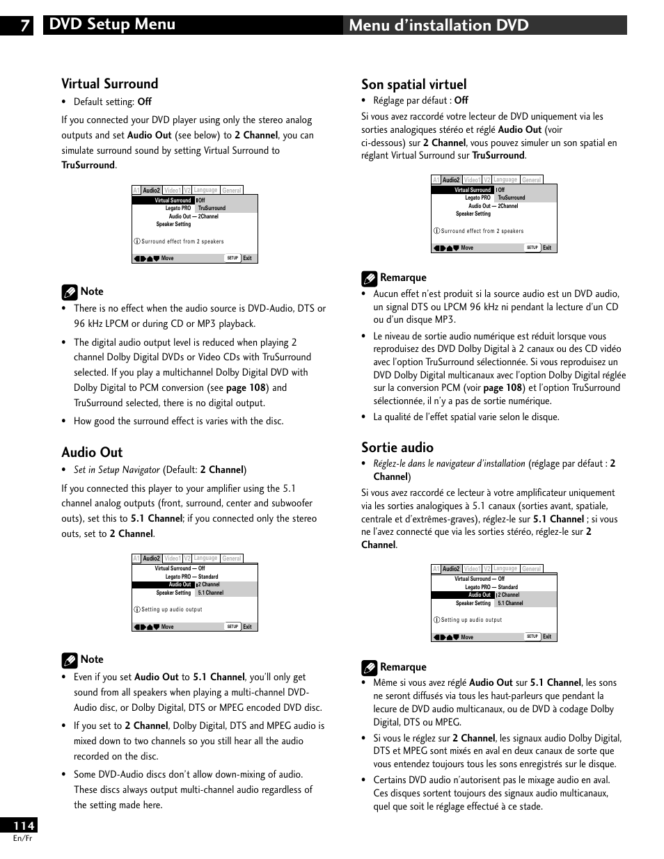 Dvd setup menu 7 menu d’installation dvd, Son spatial virtuel, Sortie audio | Virtual surround, Audio out, Remarque | Pioneer DV-646A User Manual | Page 114 / 180