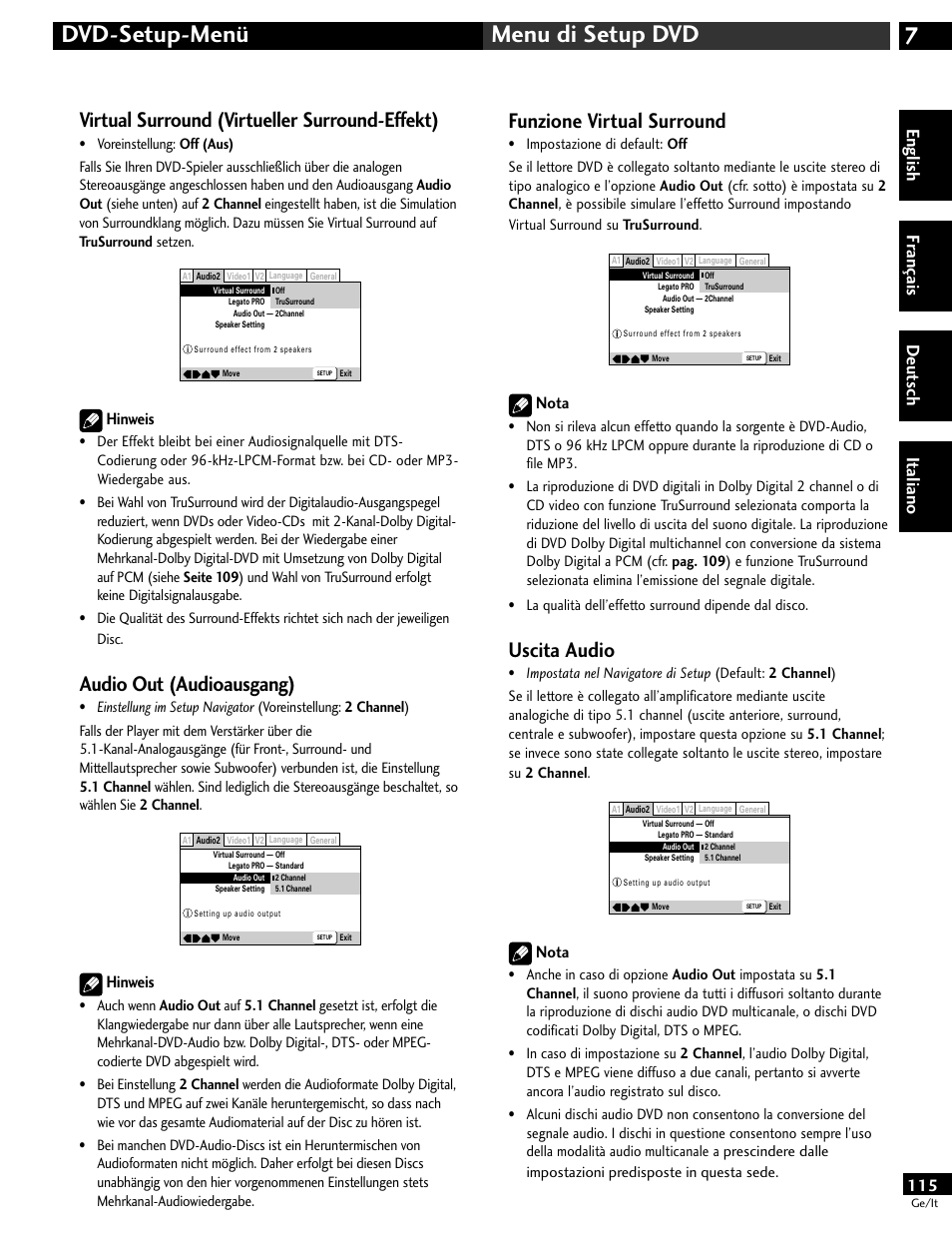 7dvd-setup-menü menu di setup dvd, Virtual surround (virtueller surround-effekt), Audio out (audioausgang) | Funzione virtual surround, Uscita audio, English fr ançais deut sch it aliano, Hinweis, Nota | Pioneer DV-646A User Manual | Page 115 / 180