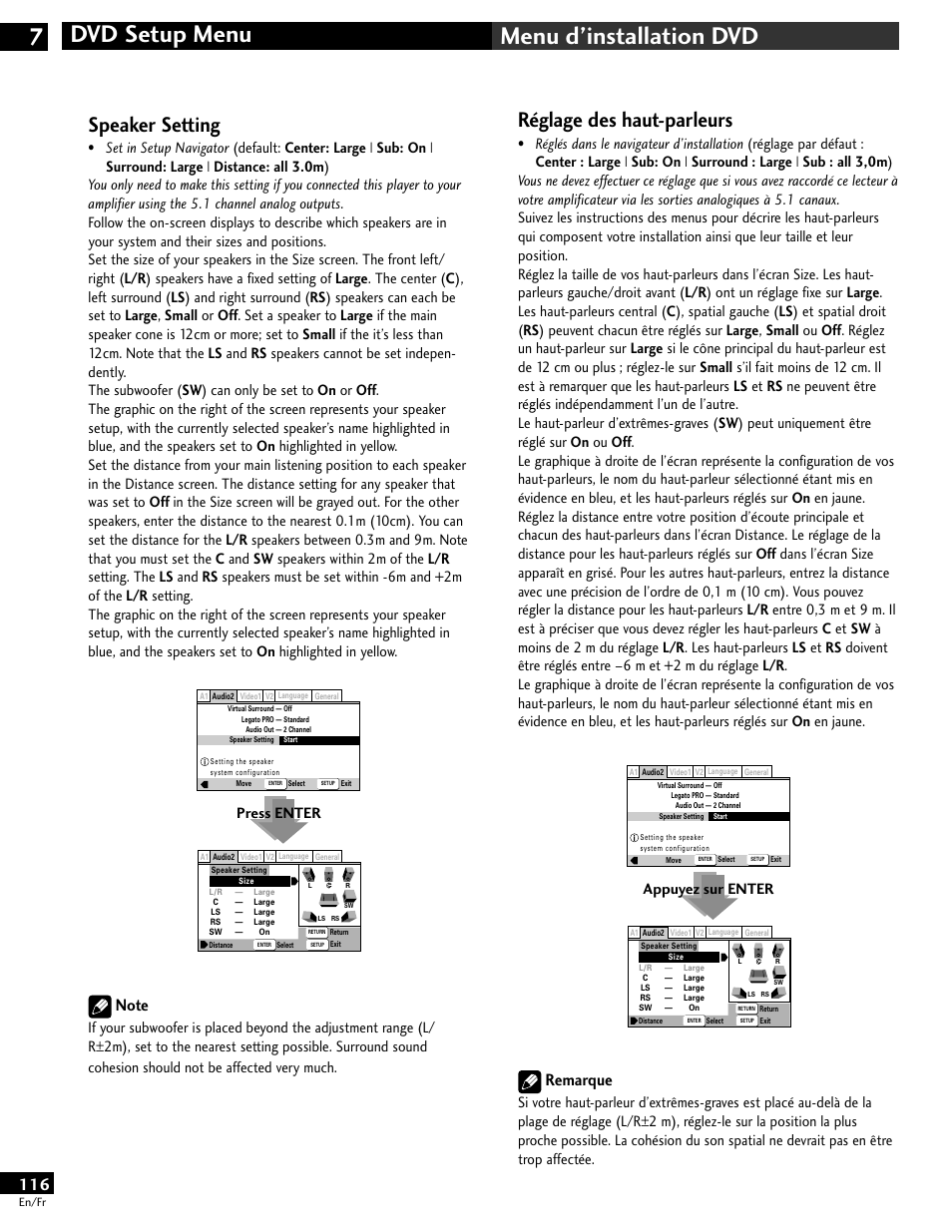 Dvd setup menu 7 menu d’installation dvd, Réglage des haut-parleurs, Speaker setting | Remarque | Pioneer DV-646A User Manual | Page 116 / 180