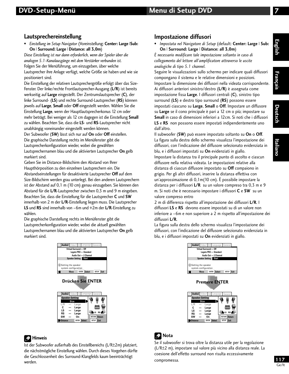 7dvd-setup-menü menu di setup dvd, Lautsprechereinstellung, Impostazione diffusori | English fr ançais deut sch it aliano, Hinweis, Nota | Pioneer DV-646A User Manual | Page 117 / 180