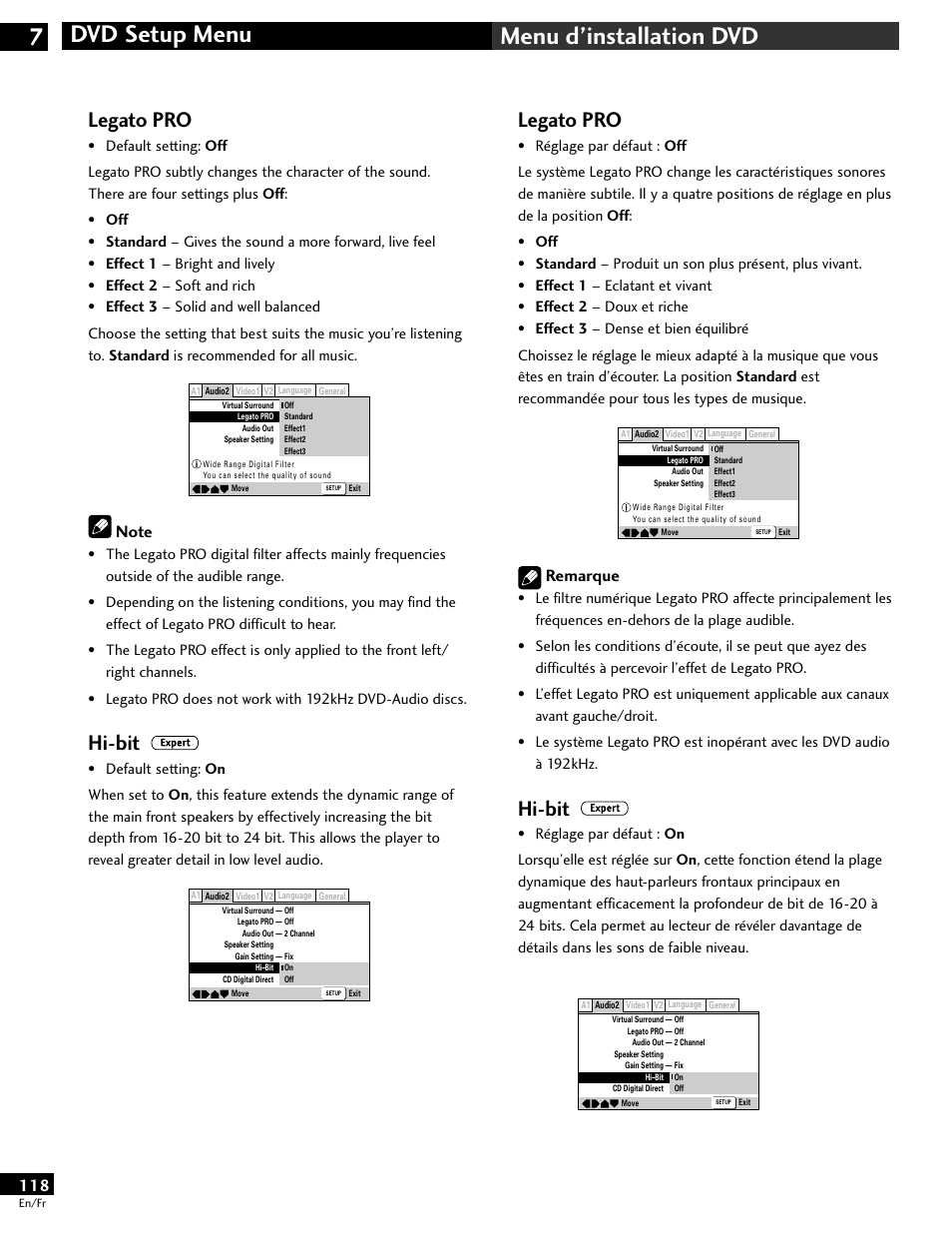 Dvd setup menu 7 menu d’installation dvd, Legato pro, Hi-bit | Remarque | Pioneer DV-646A User Manual | Page 118 / 180