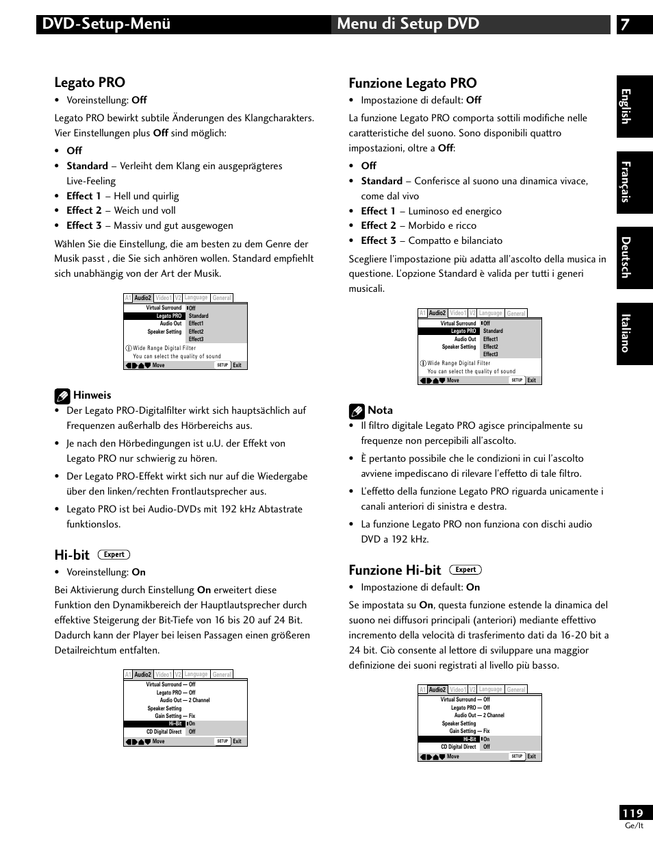 7dvd-setup-menü menu di setup dvd, Legato pro, Hi-bit | Funzione legato pro, Funzione hi-bit, English fr ançais deut sch it aliano, Hinweis, Nota | Pioneer DV-646A User Manual | Page 119 / 180