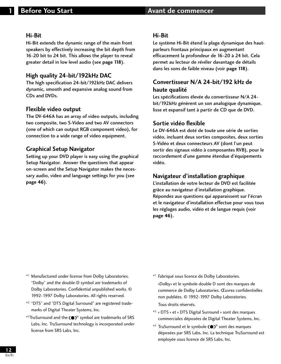 Before you start 1 avant de commencer, Hi-bit, Flexible video output | Graphical setup navigator, Sortie vidéo flexible, Navigateur d’installation graphique | Pioneer DV-646A User Manual | Page 12 / 180