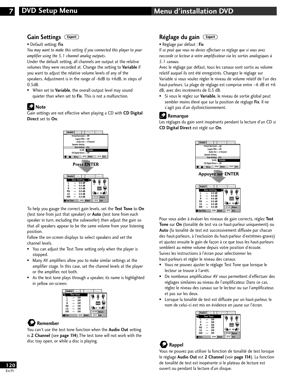 Dvd setup menu 7 menu d’installation dvd, Réglage du gain, Gain settings | Remarque, Rappel, Remember, En/fr | Pioneer DV-646A User Manual | Page 120 / 180