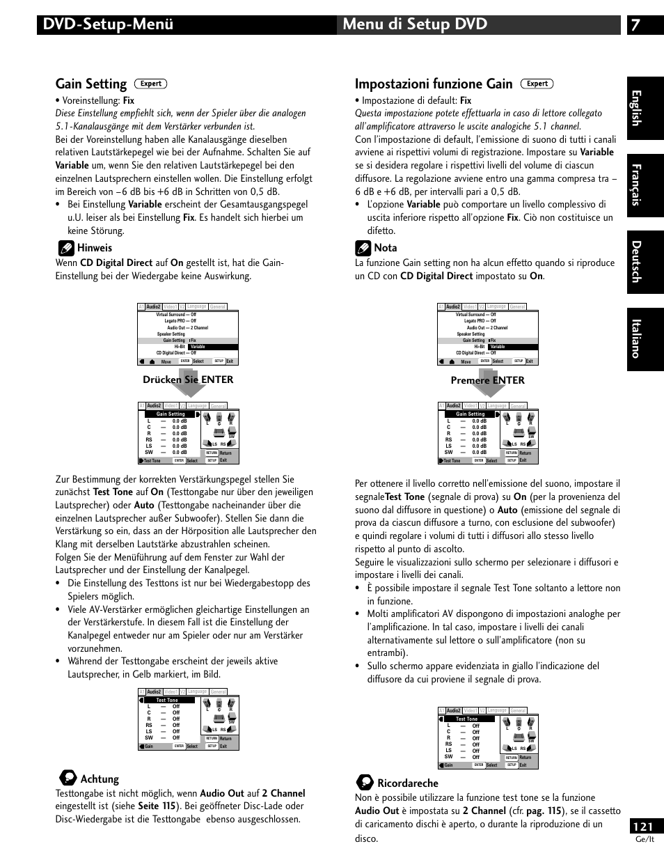 7dvd-setup-menü menu di setup dvd, Gain setting, Impostazioni funzione gain | English fr ançais deut sch it aliano, Hinweis, Achtung, Nota, Ricordareche | Pioneer DV-646A User Manual | Page 121 / 180