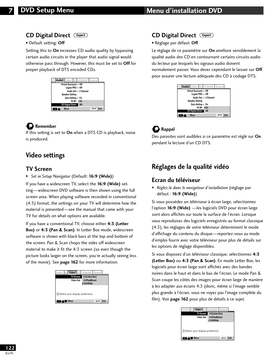 Video settings, Réglages de la qualité vidéo, Dvd setup menu 7 menu d’installation dvd | Cd digital direct, Tv screen, Ecran du téléviseur, Remember, Rappel | Pioneer DV-646A User Manual | Page 122 / 180