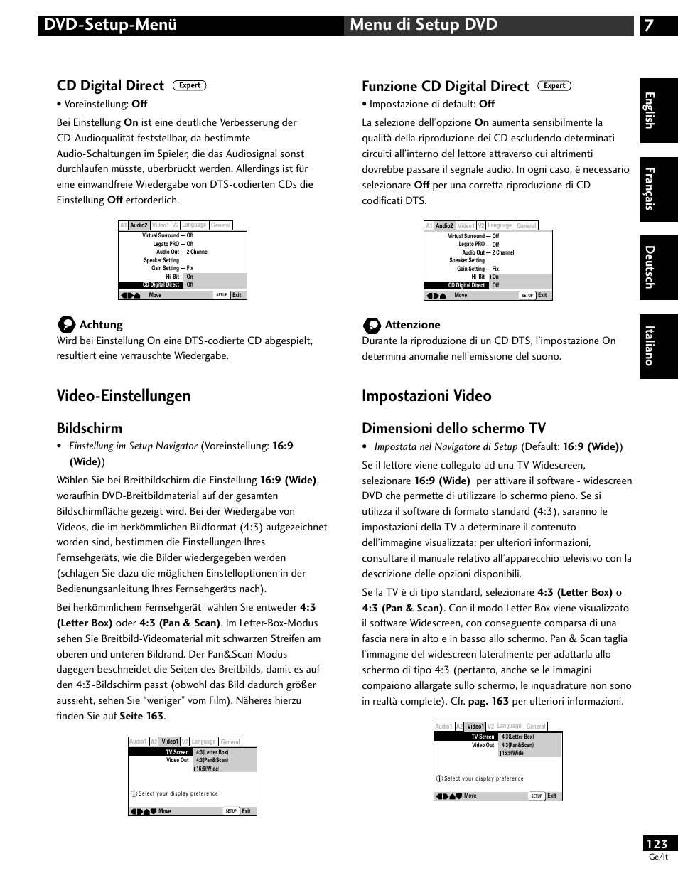 Video-einstellungen, Impostazioni video, 7dvd-setup-menü menu di setup dvd | Cd digital direct, Bildschirm, Funzione cd digital direct, Dimensioni dello schermo tv, English fr ançais deut sch it aliano, Achtung, Attenzione | Pioneer DV-646A User Manual | Page 123 / 180